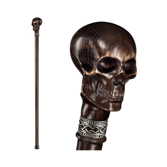 Solid Oak Wood Hand Carved Skull Knob Cane Or Walking Stick