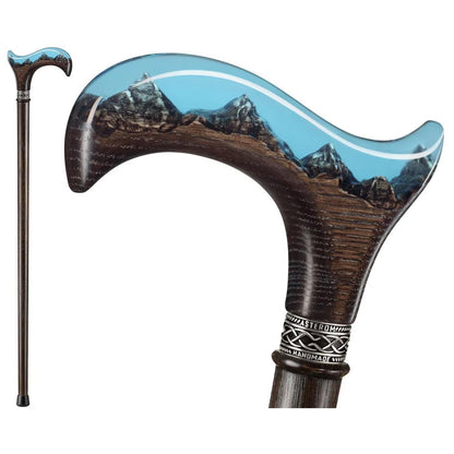 Unique Epoxy Resin Mountain Inlay Wooden Walking Cane or Stick - Derby Head