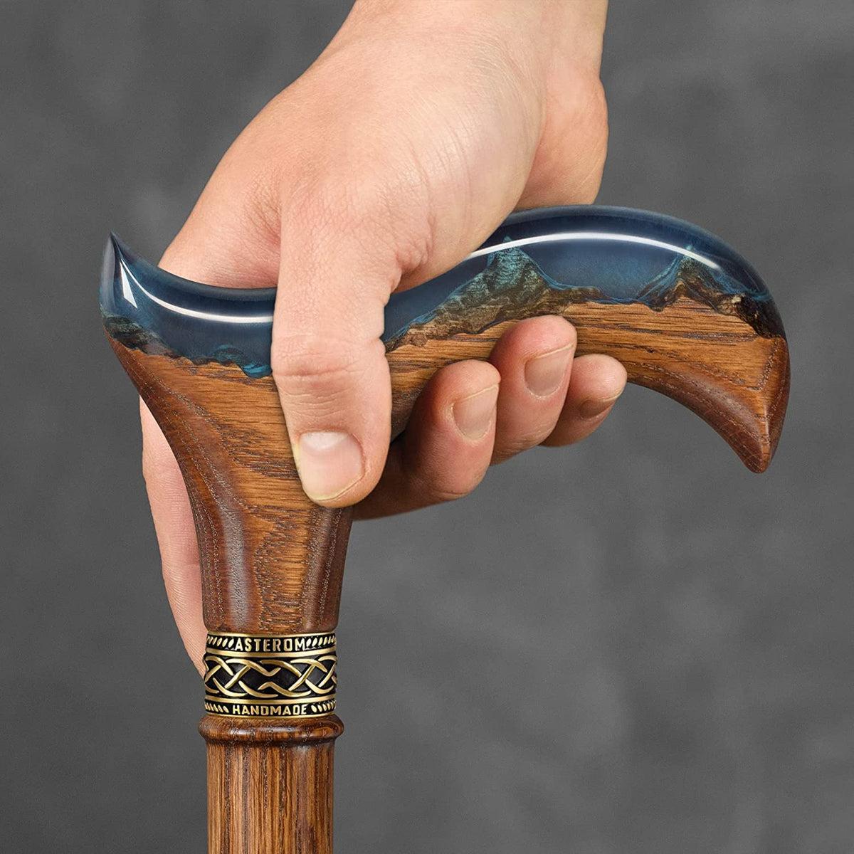 Unique Epoxy Resin Mountain Inlay Wooden Walking Cane or Stick - Derby Head