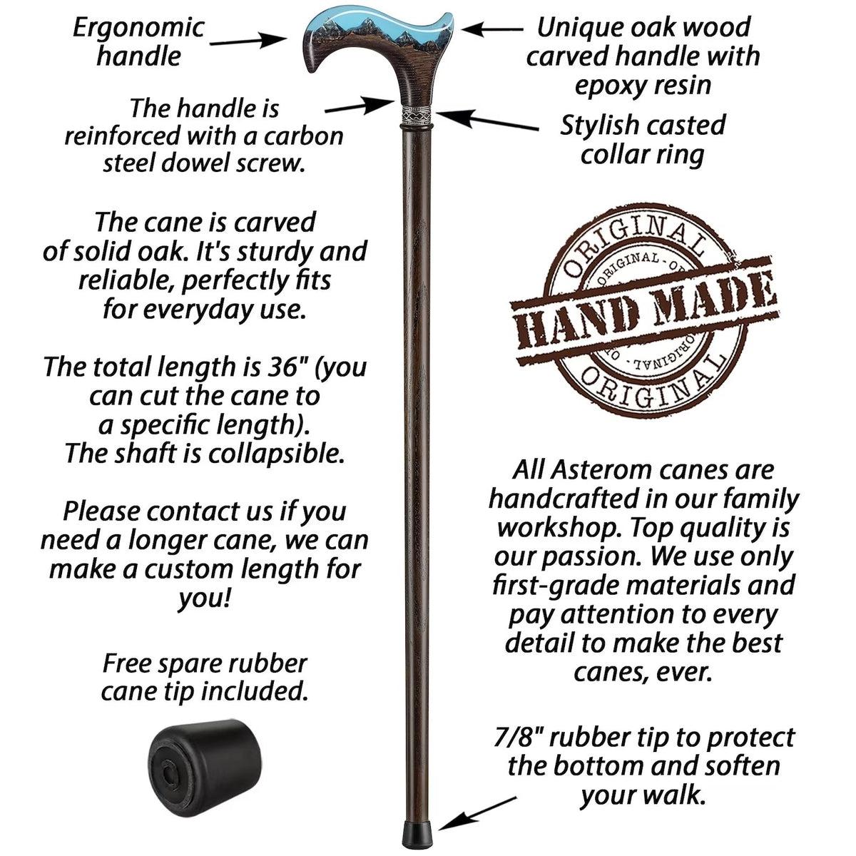 Unique Epoxy Resin Mountain Inlay Wooden Walking Cane or Stick - Derby Head