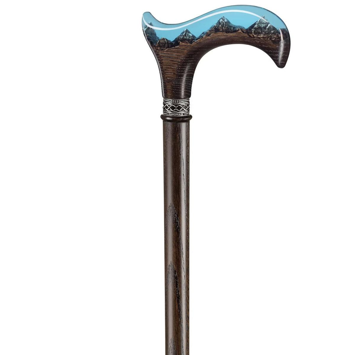 Unique Epoxy Resin Mountain Inlay Wooden Walking Cane or Stick - Derby Head
