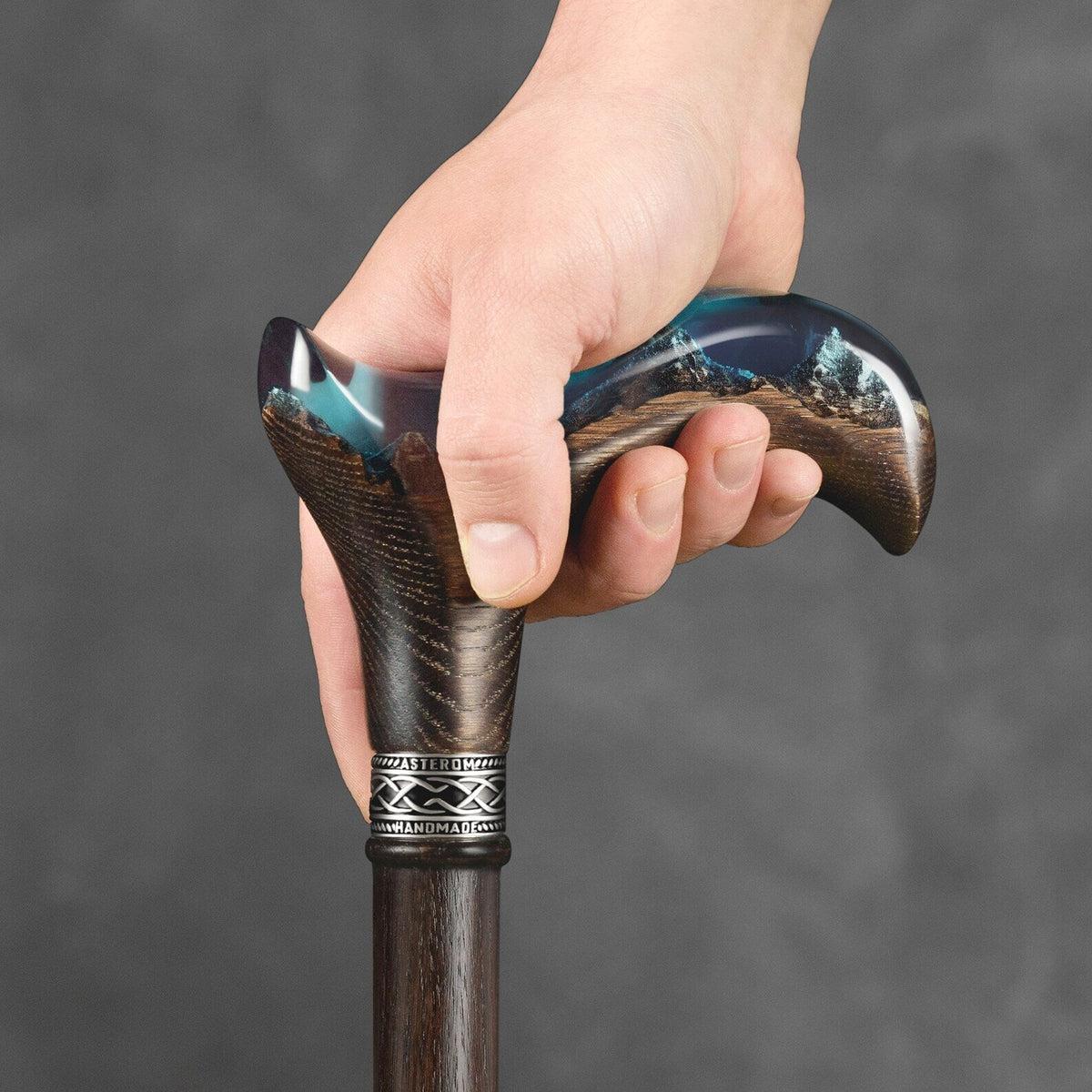 Unique Epoxy Resin Mountain Inlay Wooden Walking Cane or Stick - Derby Head