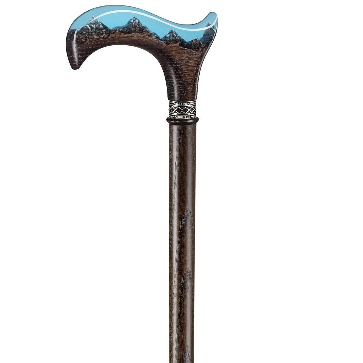 Unique Epoxy Resin Mountain Inlay Wooden Walking Cane or Stick - Derby Head