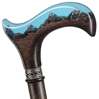 Unique Epoxy Resin Mountain Inlay Wooden Walking Cane or Stick - Derby Head