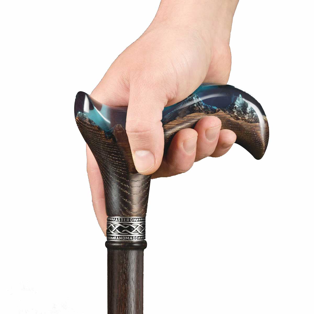 Unique Epoxy Resin Mountain Inlay Wooden Walking Cane or Stick - Derby Head
